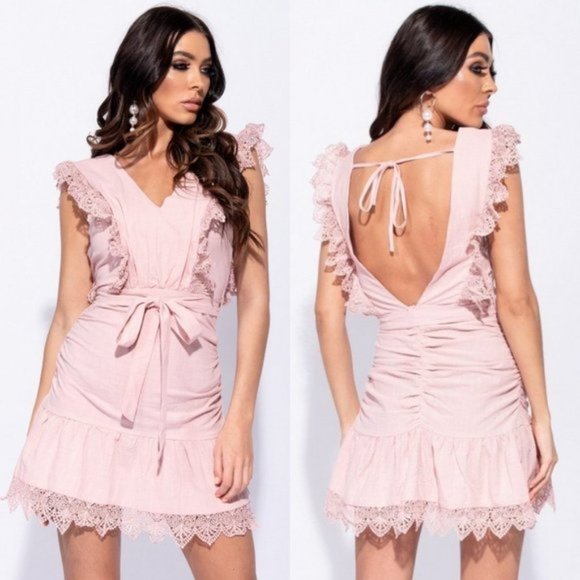 Dresses & Skirts - Pink Lace Trim Sleeveless V-Neck Open Back Backless Frill Hem Mini Dress